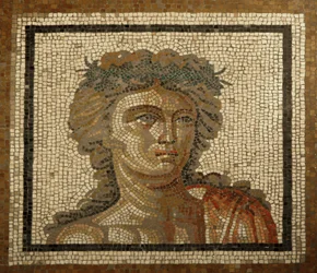 Lyon, Auvergne-regionen, Rhone-Alpes, Rhone-departementet. 69 000 Bacchus-Dionysos mosaik. Vårdetalj