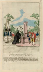 Maskin föreslagen för nationalförsamlingen av herr Guillotin för avrättning av brottslingar, cirka 1790.