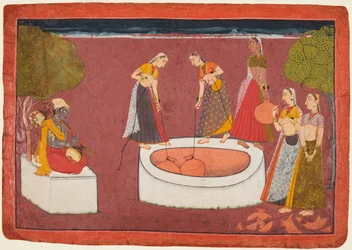 Madhava spelar sin vina innan fem kvinnor drar vatten från en brunn, från en Madhavanala..., ca. 1700.
