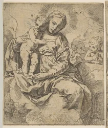 Madonna och barn sittande på moln och omgivna av änglar, kopiera omvänt a..., ca.1639 eller senare.