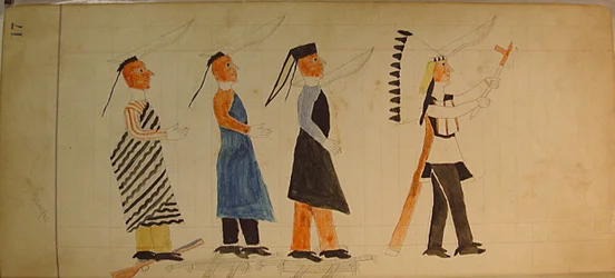Maffet Ledger: Tre indianer som följer en hövding, ca. 1874-81.