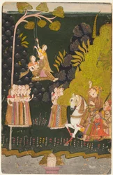 Maharaja Abhai Singh, ridsport, tittar på tjejer som svänger på Teej-festivalen, ca. 1740.