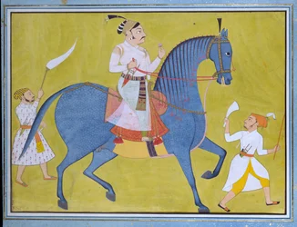 Maharaja Pratap Singh från Sawar rider, med två skötare till fots, c1700