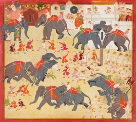 Maharana Raj Singh observerar en elefantkamp, ca. 1670-1675.