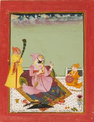 Maharao Ajit Singh på en terrass med son och skötare, c1770