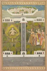 Mahliqa, dotter till kejsaren av Kina, pekar på fågelmannen Khwaja Mubarak...verso, ca. 171