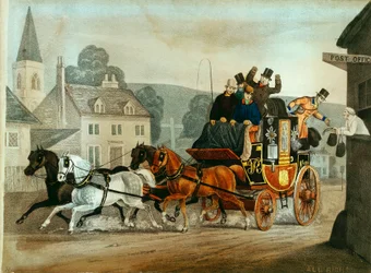 Postbuss på Bath to London run, c1840