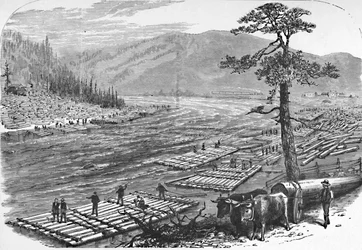 Att bygga flottar på Susquehanna-floden. En scen på linjen av Erie Railroad, 1883