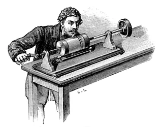 Gör inspelning på första modellen av Thomas Edisons fonograf, c1878