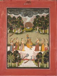 Malar Ragini: Krishna spelar flöjt till Seven Gopis som håller musikinstrument..., ca. 1760.