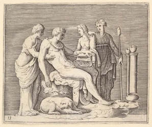 Man deltog av tre kvinnor, publicerad ca. 1599-1622.