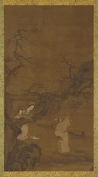Man och kvinna njuter av plommonblomningar, Ming- eller Qing-dynastin, 1400-1700-talet.