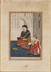 Man, möjligen en mullah, läser med en skrivare, 1800-talet