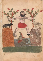 Människans öde eller mannen som tar sin tillflykt i en brunn bebodd av en drake, Folio..., 1700-talet.