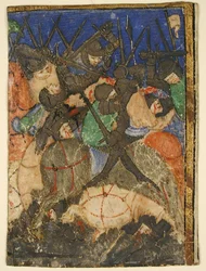 Manuskriptklippning som visar en scen från hebreiska skrifterna, ... kung Davids liv, ca. 1400.