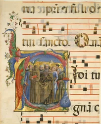 Manuskriptbelysning med alla helgon i ett initialt V, från en antifonarie, italienska, 1450-60.