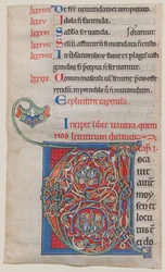 Manuskriptbelysning med initial V, från en bibel, ca. 1175-95.