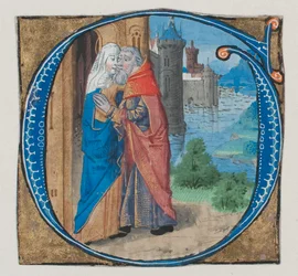 Manuskriptbelysning med Joachim och Anna i ett inledande G med Joachim och Anna..., 1400-talet