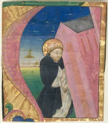 Manuskriptbelysning med Saint Dominic som räddar kyrkan Saint John...mitten av 1400-talet.
