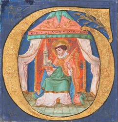 Manuskriptbelysning med Sankt Trudo Trond i ett initialt O, från en körbok, 1400-talet.