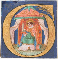 Manuskriptbelysning med Sankt Trudo Trond i ett initialt O, från en körbok, 1400-talet.