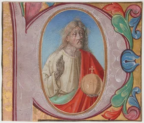 Manuskriptbelysning med Salvator Mundi i ett initialt P, från en körbok, tidigt 1500-tal.