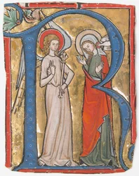 Manuskriptbelysning med tillkännagivandet i ett initialt R, från en Gradual, ca. 1300.