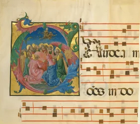 Manuskriptbelysning med jungfruns antagande i en initial G..., italienska, 1450-60.