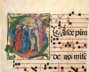 Handskriftsillumination med Frambärandet i templet i ett initialt S, ur ett gradual, 1450-60.