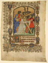 Manuskriptblad från en timbok... Upplyst initial D och Kristus som bär korset, 1390-140