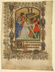 Manuskriptblad från en timbok som visar en upplyst initial D och Kristus..., 1390-1400.