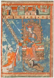 Manuskriptblad med dedikation av en bok till jungfrun, ca. 1400.