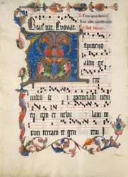 Manuskriptblad med initial A, från ett antifonarium, ca. 1425-50.