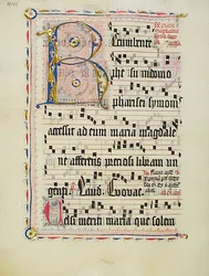 Manuskriptblad med initial R, från ett antifonarium, tyskt, andra kvartalet 1400-talet.