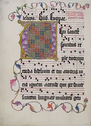 Manuskriptblad med initial V, från ett antifonarium, tyskt, andra kvartalet 1400-talet.