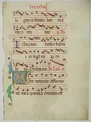 Manuskriptblad med initial V, från ett antifonarium, italienskt, 1400-tal.