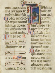 Manuskriptblad med kung David i en initial I, från en psalter, tidigt 1400-tal.