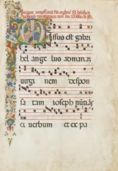 Manuskriptblad med Sankt Johannes evangelisten och Sankt Johannes Döparen i en..., 2:a halvan 1400-talet