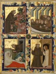 Manuskriptblad med scener ur den helige Franciskus av Assisis liv, italienska, ca. 1320-42.