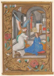 Manuskriptblad med bebådelsen, från en timbok, ca. 1500-1525.