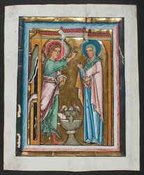 Manuskriptblad med bebådelsen, från en psalter, mitten av 1200-talet.