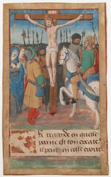 Manuskriptblad med korsfästelsen, från en timbok, franska, 1400-talet.