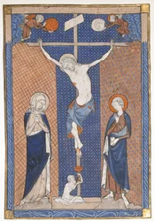 Manuskriptblad med korsfästelsen, från ett missal, franskt, ca. 1270-80.