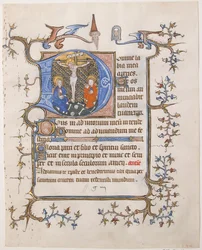Manuskriptblad med korsfästelsen i ett initialt D, från en timbok, ca. 1350.