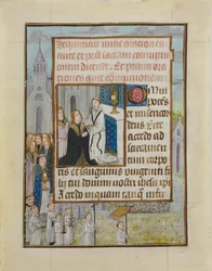 Manuskriptblad med den heliga nattvarden, från en timbok, ca. 1500.