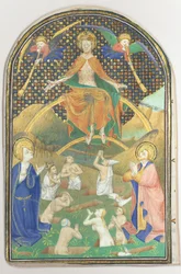 Manuskriptblad med den sista domen, från en timbok, franska, ca. 1400.