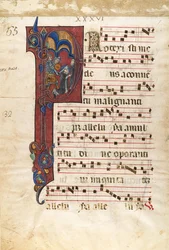 Manuskriptblad med Sankt Peters martyrs martyrskap i ett initialt P..., ca. 1270-80.