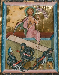 Manuskriptblad med uppståndelsen, från en psalter, tyskt, mitten av 1200-talet.