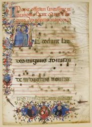 Manuskriptblad med visitationen i en initial A och kardinal Adam Easton..., italienska, ca. 1400.