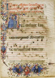 Manuskriptblad med visitationen i en initial A och kardinal Adam Easton..., ca. 1400.